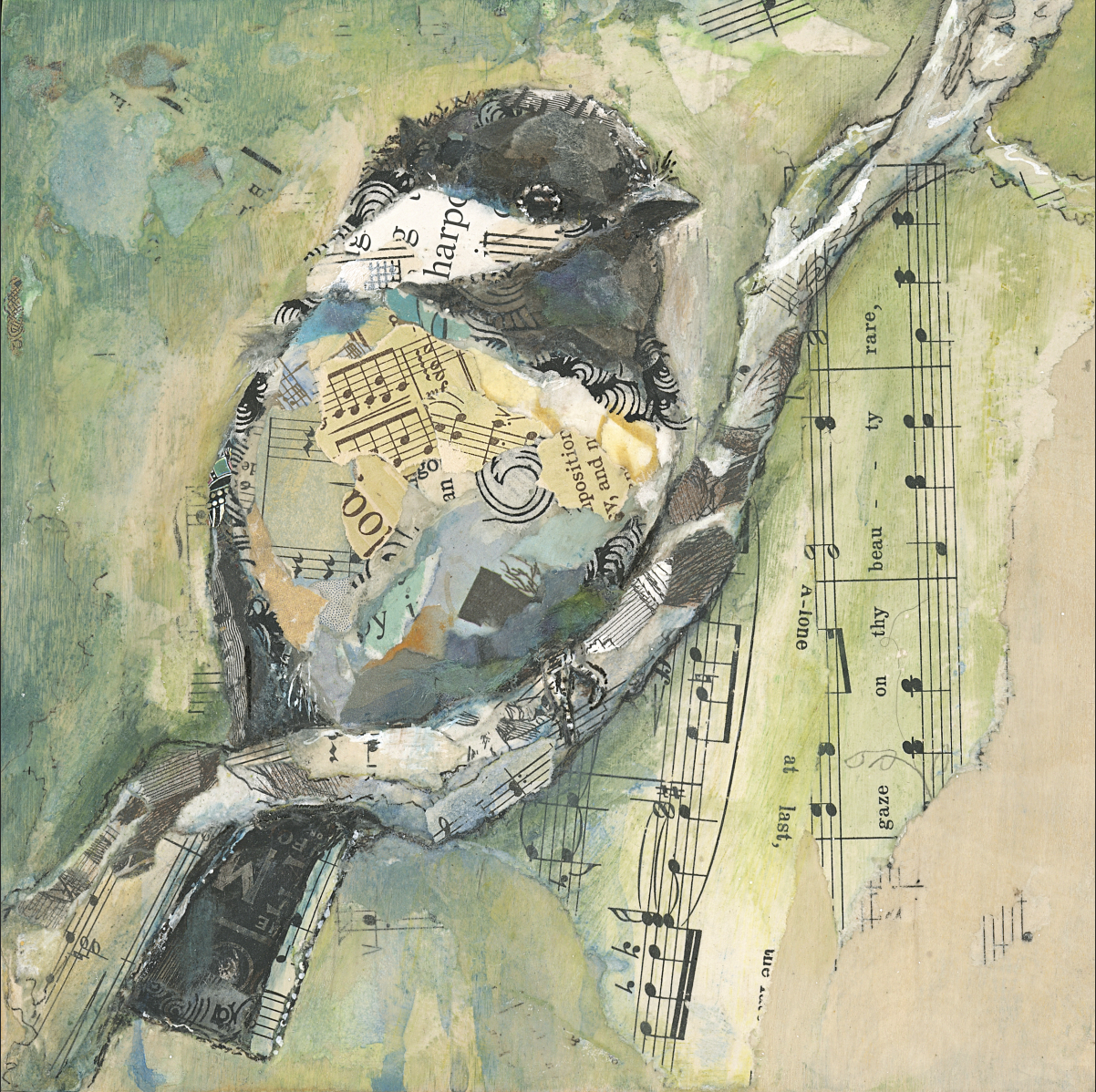 Chickadee On Branch Collage Wall Art by Jacquie Masterson