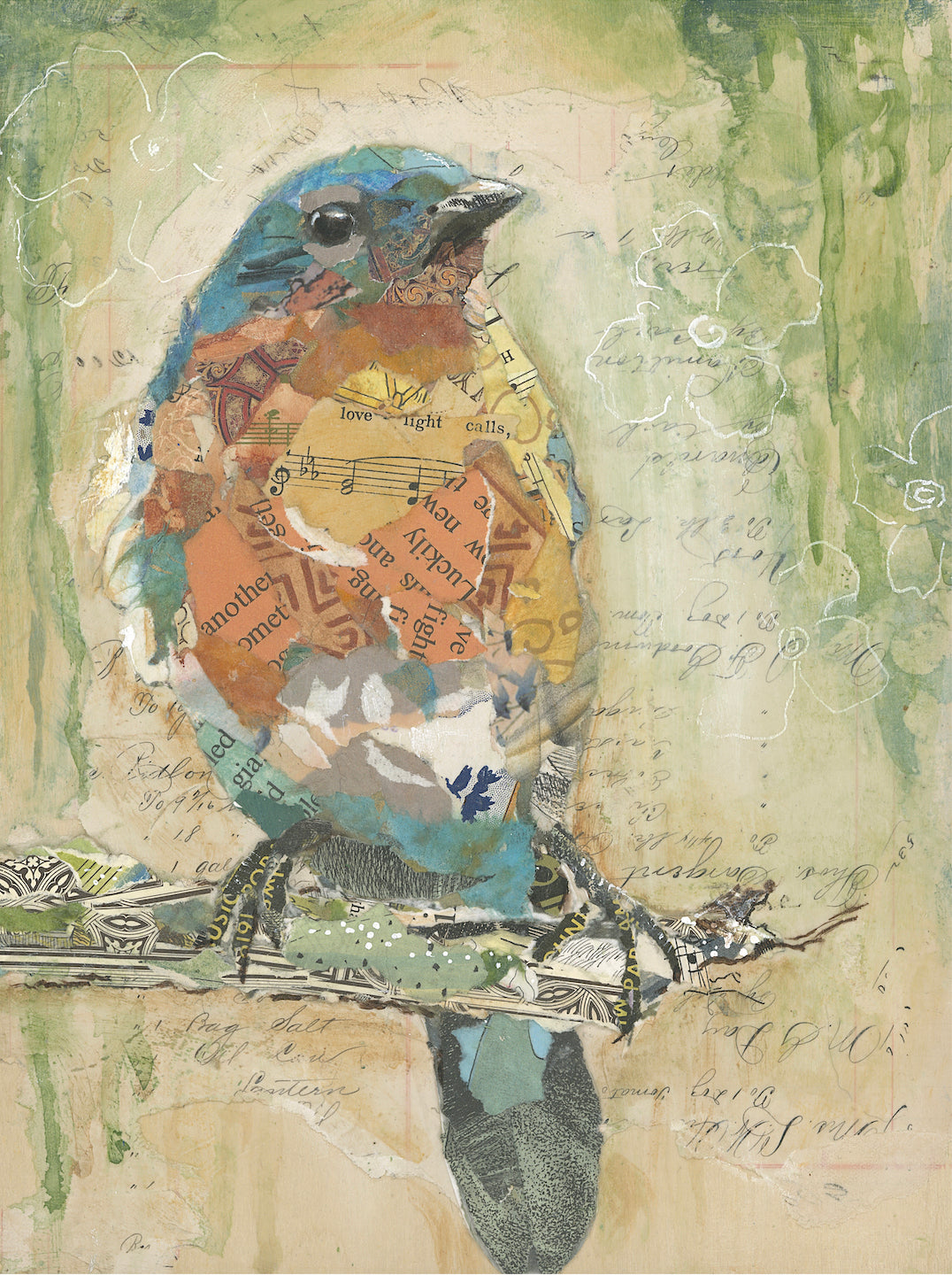 Colorful Bluebird On Branch Collage Wall Art by Jacquie Masterson
