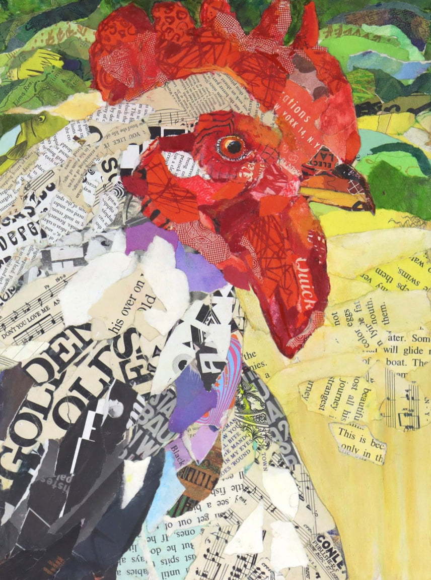 Unique Rooster Original Paper Collage Wall Art by Jacquie Masterson