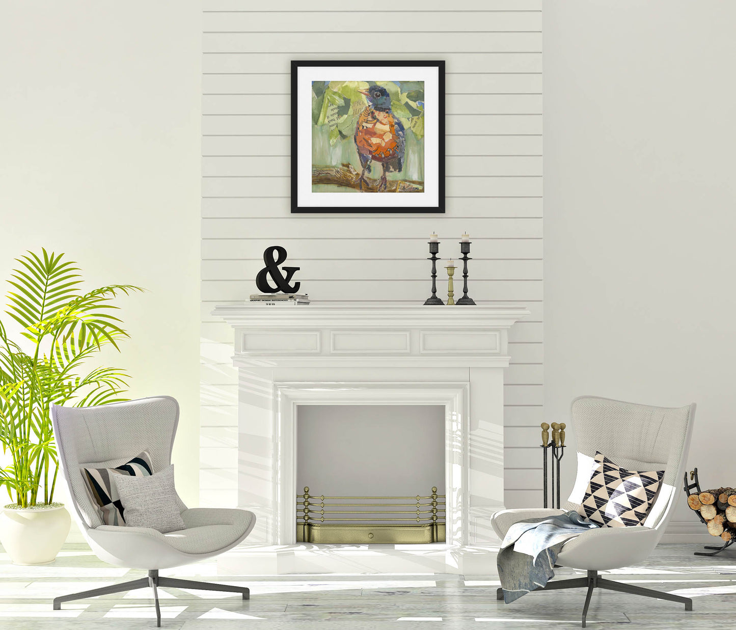 Robin Bird In Forest On Branch Collage Wall Art by Jacquie Masterson