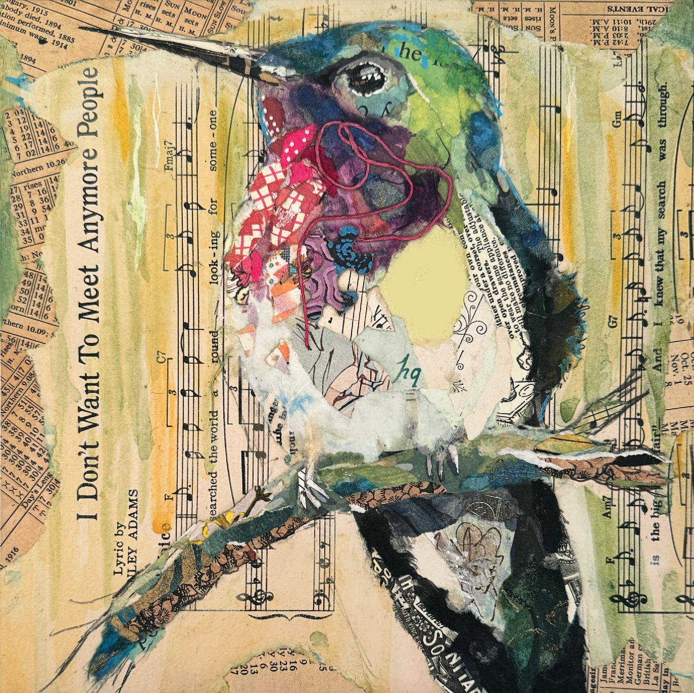 Colorful Hummingbird On Branch Collage Wall Art by Jacquie Masterson