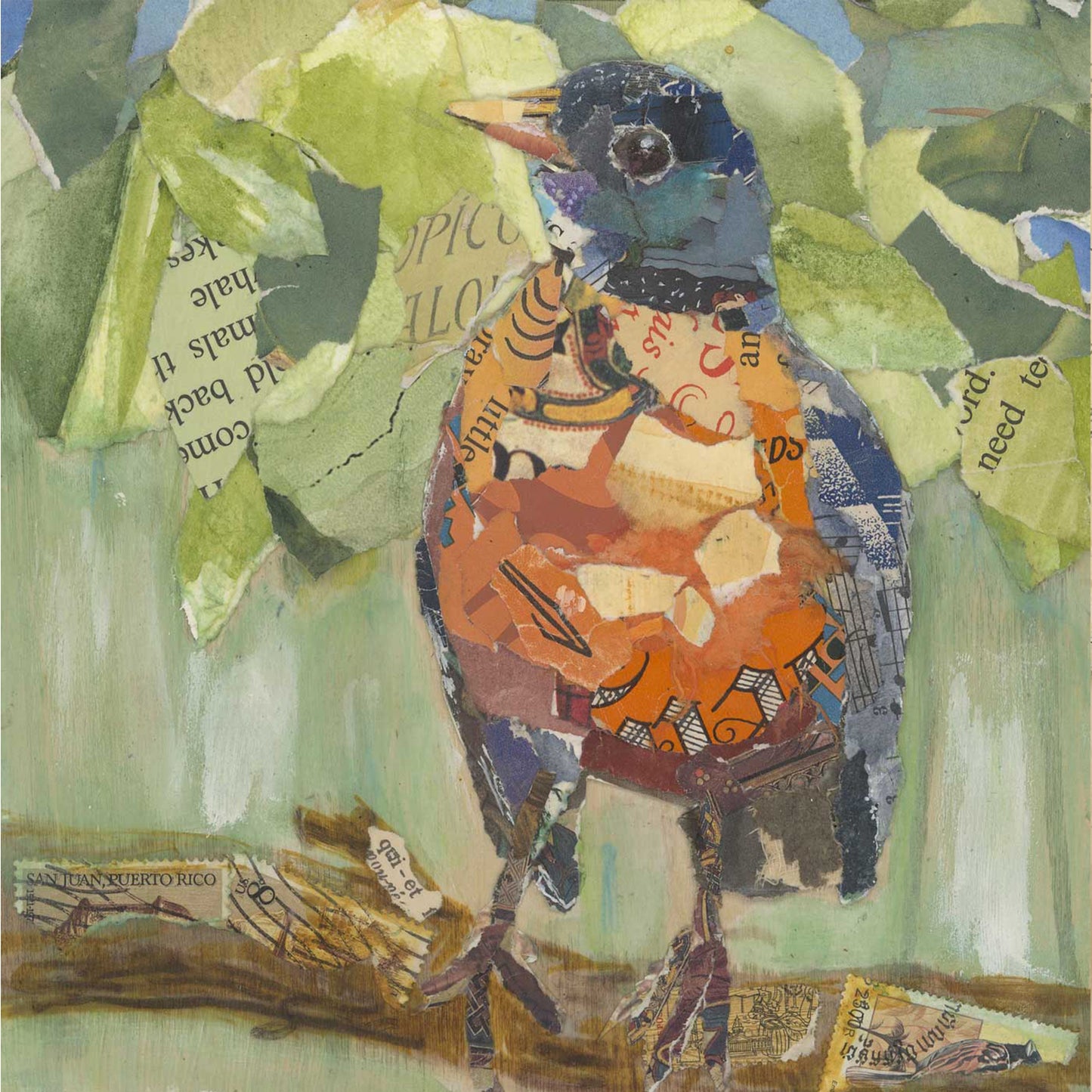 Robin Bird In Forest On Branch Collage Wall Art by Jacquie Masterson