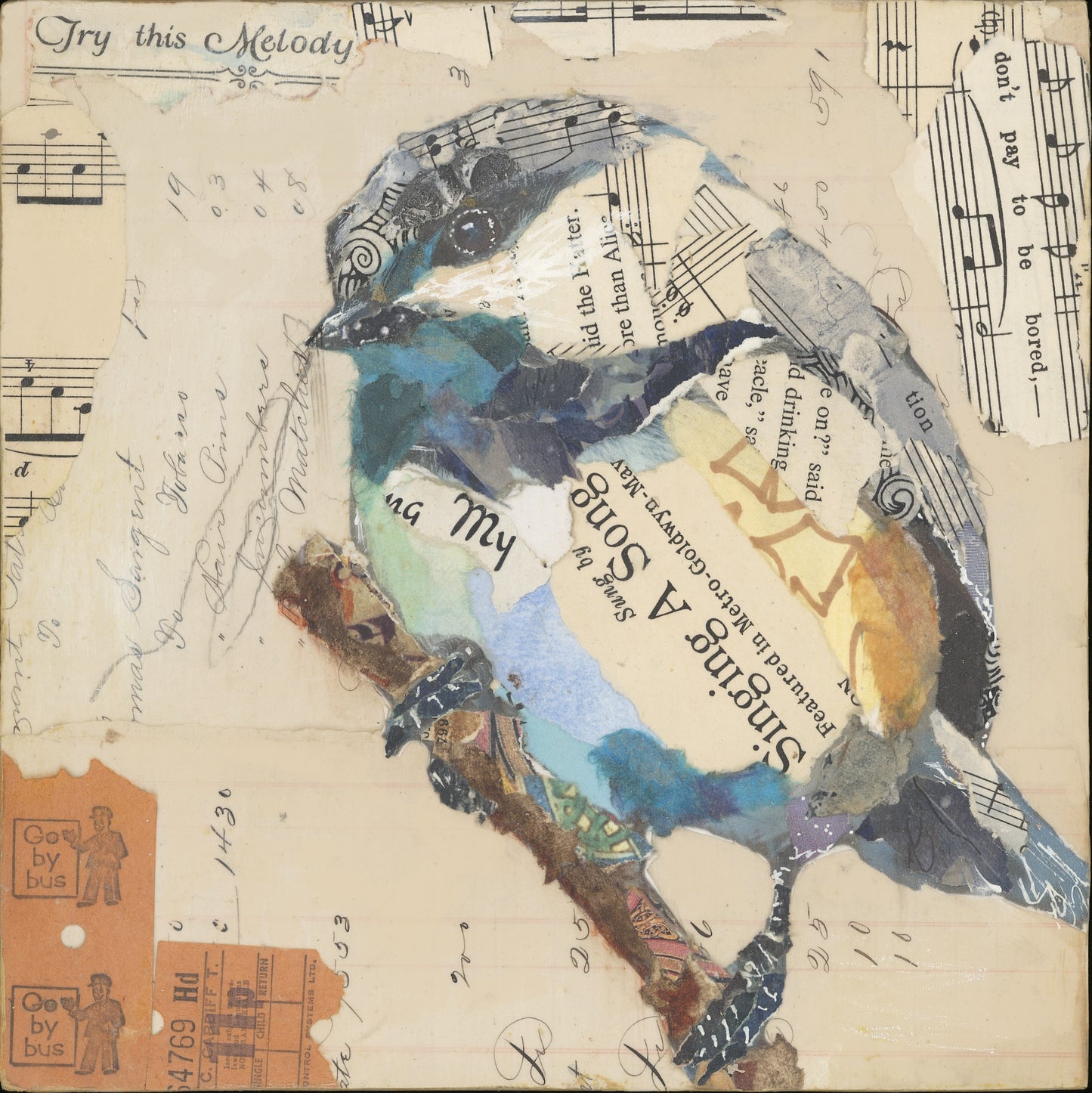 Musical Chickadee Bird Collage Wall Art by Jacquie Masterson