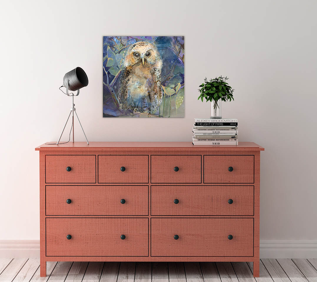 Colorful Wise Owl In Forest Collage Wall Art by Jacquie Masterson