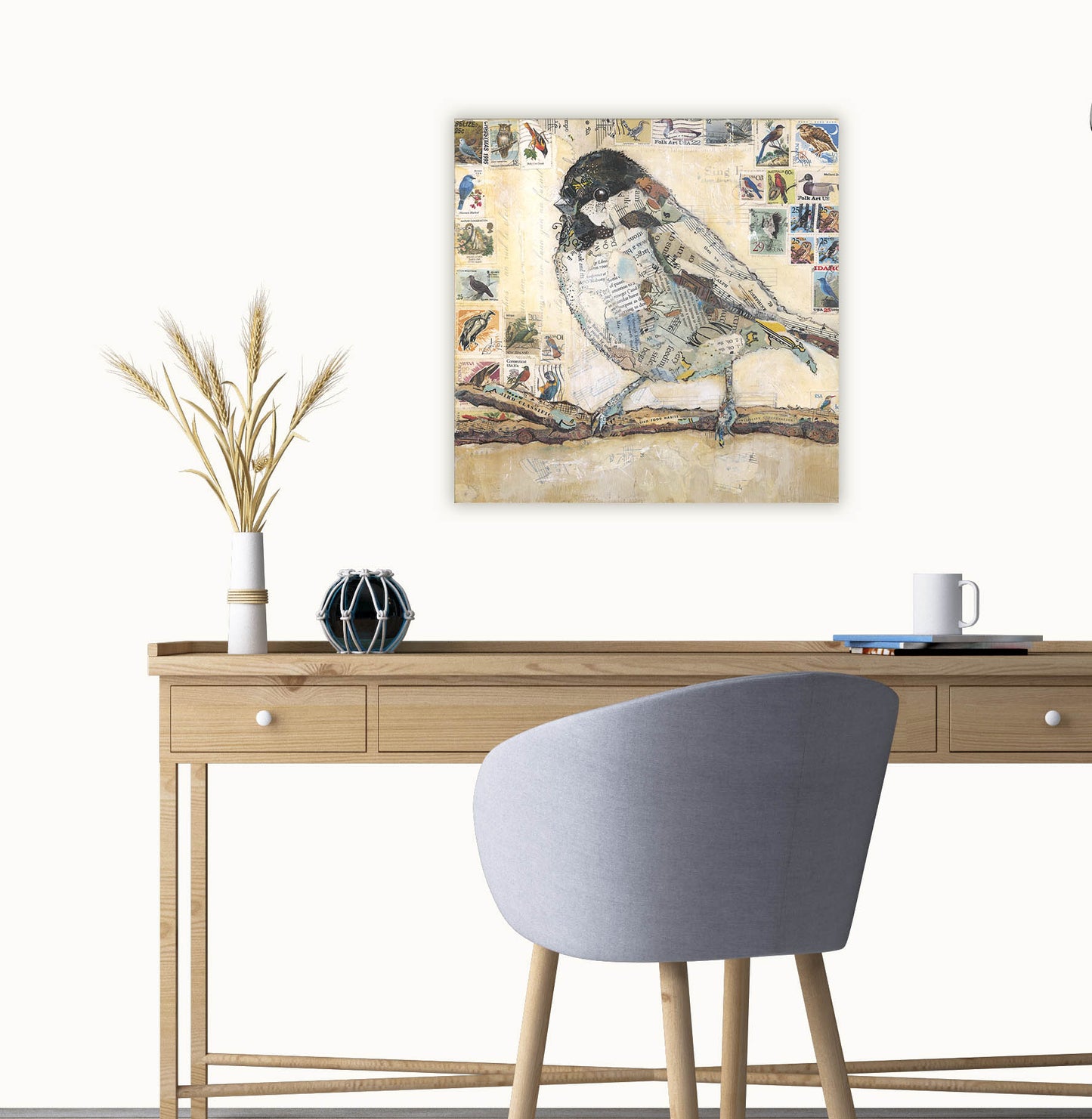 Chickadee with Stamps Collage Wall Art by Jacquie Masterson