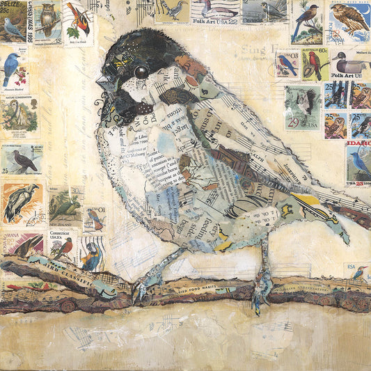 Chickadee with Stamps Collage Wall Art by Jacquie Masterson